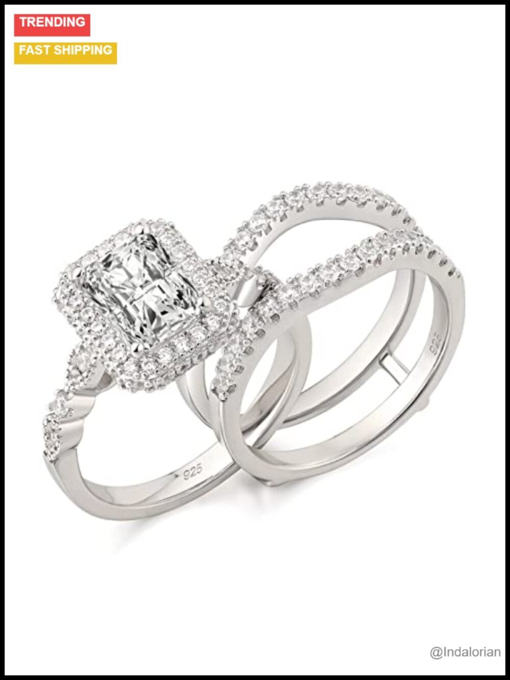 Sterling Silver Moissanite Radiant Cut Wedding Ring Set Bridal Engagement